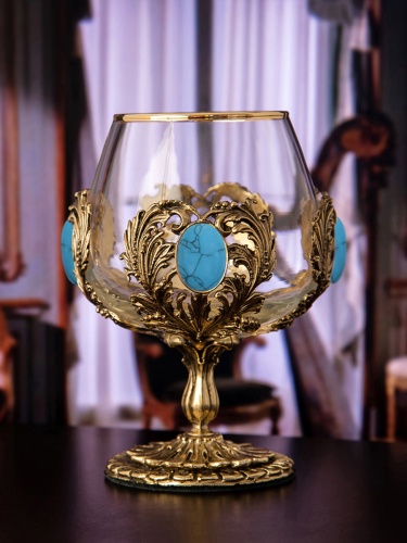 Бокал для коньяка Классик с искусственным камнем "Бирюза" 420 мл в деревянной шкатулке