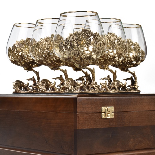 Набор из 6-ти бокалов для коньяка Охота на Кабана 420 мл в деревянной шкатулке  из массива