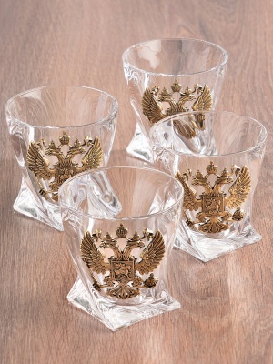 Набор 4 бокала для виски "Квадро", накл. "Большой герб России",камни,мешки,черн.коробка