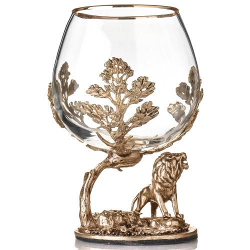 Набор 4 бокала для коньяка и 4 лафитника "Лев", в шкатулке из массива