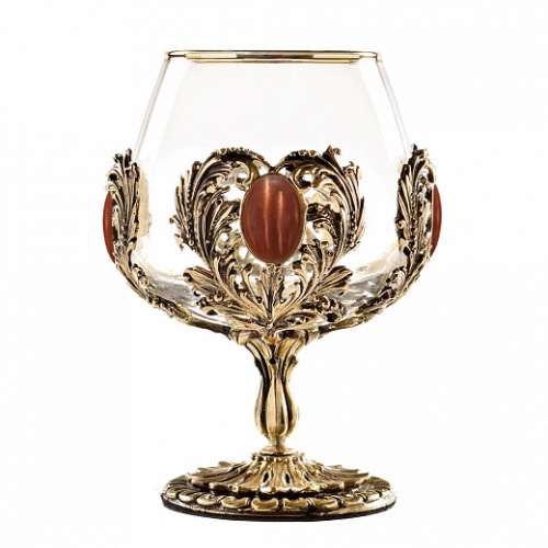 Набор 2 бокала для коньяка с камнем "Кошачий глаз" и "Сердолик", в шкатулке из массива