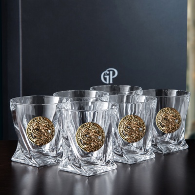 Набор 6 бокалов для виски "Квадро",накл."Дракон 4",мешки,камни, в черн.подарочн.коробке ключница