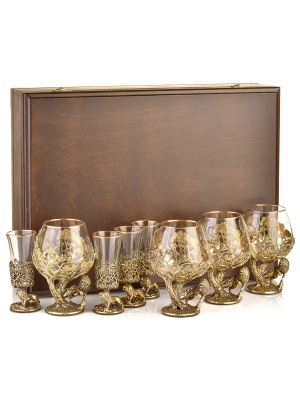 Набор 4 бокала для коньяка и 4 лафитника "Лев ROYAL", в шкатулке из массива