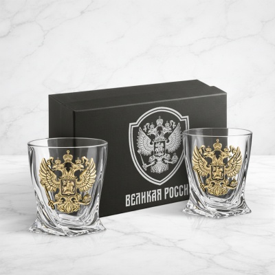 Набор из 2-х бокалов для виски с накладками Герб России в черной подарочной коробке с печатью Герб Великая Россия