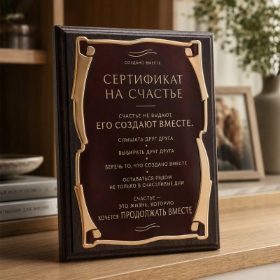 Плакетка подарочная Сертификат на счастье. Создано вместе в черной коробке