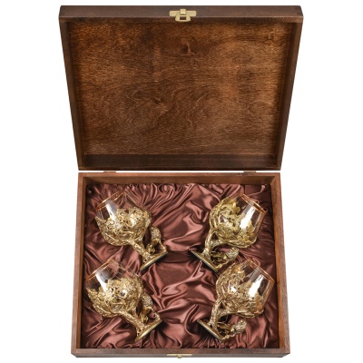 Набор 4 бокала для коньяка "Лев", в шкатулке из массива