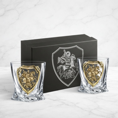 Набор из 2-х бокалов для виски с накладками Георгий Победоносец в черной подарочной коробке с печатью Святой Георгий