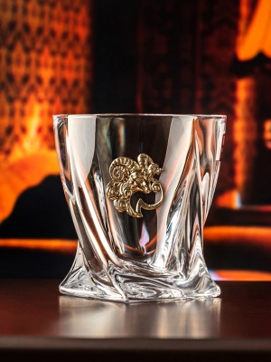 Набор из 2х бокалов для виски Квадро с накладкой "Овен", камни охлаждающие 4шт,  упаковка Mr Whiskey, ложемент коричневый атлас