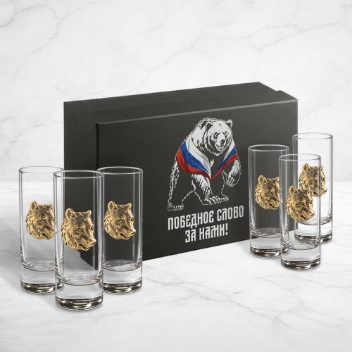 Набор из 6-ти стопок Сиде с накладками Медведь в черной подарочной коробке с печатью Медведь Победное слово