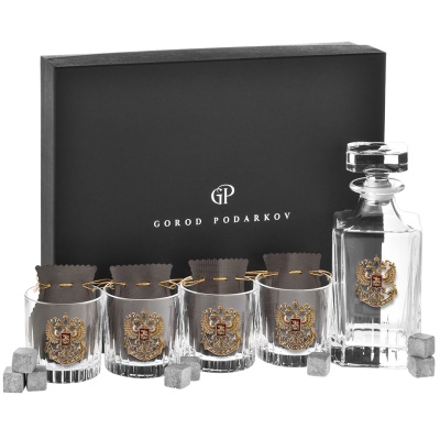 Набор Штоф и 4 бокала для виски "TImeless",накл."Герб,эмаль",камни,мешки,в под.коробке
