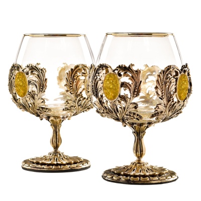 Набор 2 бокала для коньяка с искусственным камнем "Янтарь желтый", в шкатулке из массива