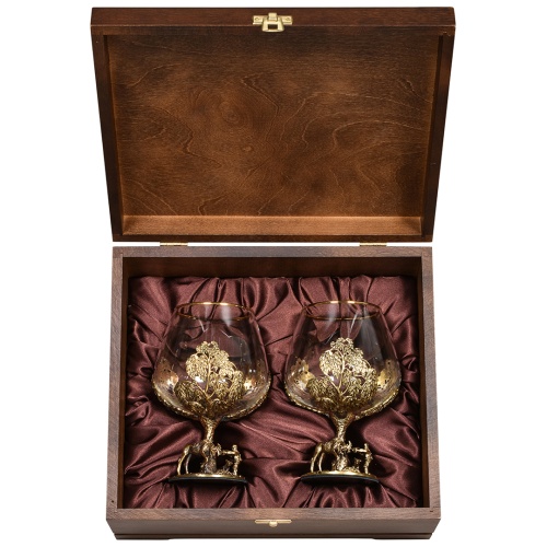 Набор 2 бокала для коньяка "Охота на Лося", в шкатулке из массива