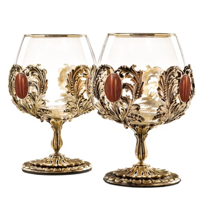 Набор 2 бокала для коньяка с камнем "Кошачий глаз", в шкатулке из массива