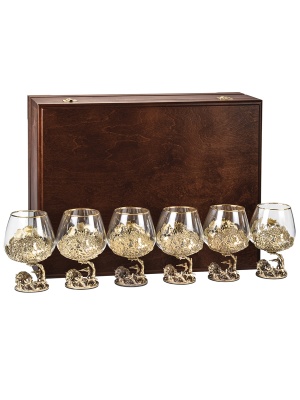 Набор из 6-ти бокалов для коньяка Охота на Кабана 420 мл в деревянной шкатулке  из массива
