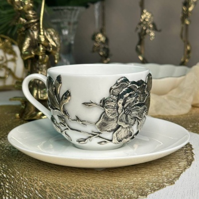 Чайная пара Магнолия нейзильбер в черной подарочной коробке