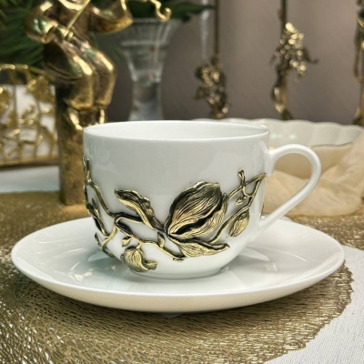 Чайная пара Магнолия латунь в черной подарочной коробке