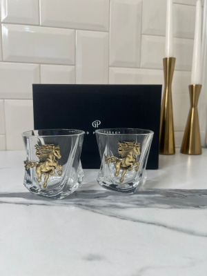 Набор из 2-х бокалов для виски с накладкой Огненный конь в черной подарочной коробке