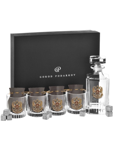 Набор Штоф и 4 бокала для виски "TImeless",накл."Герб,эмаль",камни,мешки,в под.коробке