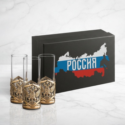 Набор из 3-х стопок-патронов Герб РФ в черной подарочной коробке с печатью карта России