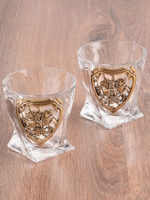 Набор 2 бокала для виски "Квадро", накл."Георгий Победоносец",камни,мешки,в черной коробке
