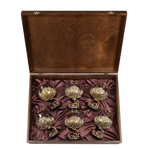 Набор из 6-ти бокалов для коньяка Охота на Кабана 420 мл в деревянной шкатулке  из массива