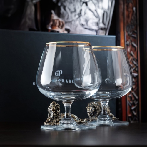 Набор из 2-х бокалов для коньяка "Лев лежачий, Медведь Гризли" в черной подарочной коробке