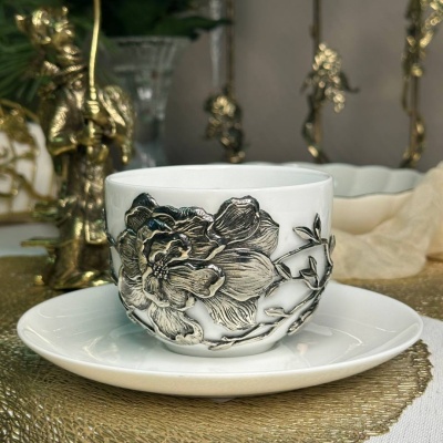 Чайная пара Магнолия нейзильбер в черной подарочной коробке