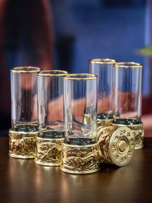 Набор из 6-ти стопок Патрон Медведь, Буйвол, Тигр, Лев, Кабан, Орел с латунным основанием в подарочной коробке