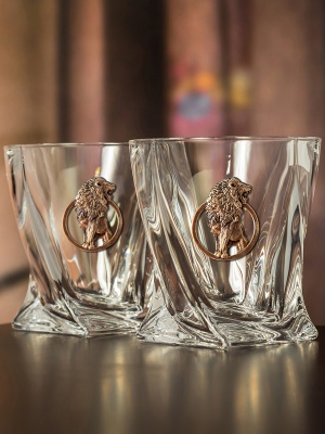 Набор бокалов для виски Квадро ( 2 шт.) с накладкой "Лев" в деревянном футляре
