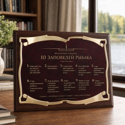 Плакетка подарочная 10 заповедей рыбака. Философия тишины. в черной коробке