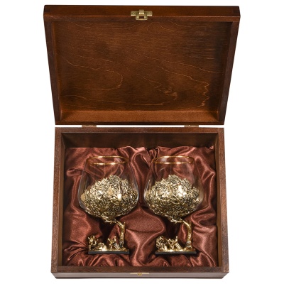 Набор 2 бокала для коньяка "Кабан", в шкатулке из массива