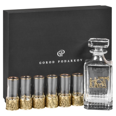 Набор 6 стопок патрон и Штоф накладка "Нефтяник", в черной подарочной коробке