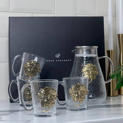 Чайный набор Цветочная коллекция. Пионы: чайник , 4 кружки с накладками Пион в черной коробке