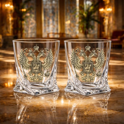 Набор из 2-х бокалов для виски с накладками Герб России в черной подарочной коробке с печатью Герб Великая Россия