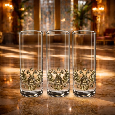 Набор из 3-х стопок Сиде с накладками Герб РФ в черной подарочной коробке с печатью карта России