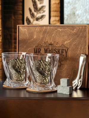 Набор 2 бокала для виски "Квадро", накладка "Дракон-2",мешки,камни,щипцы,костеры,упак.Mr Whyskey