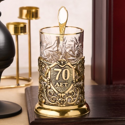 Подстаканник ручной работы С Юбилеем 70 лет в черной подарочной упаковке