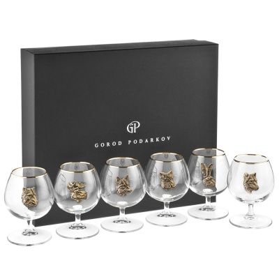 Набор из 6-ти бокалов для коньяка с накладкой Звери (латунь) в подарочной коробке с накладкой