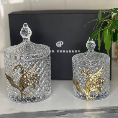 Набор Ландыши: две шкатулки большая и малая с накладками Ландыши в черной подарочной коробке