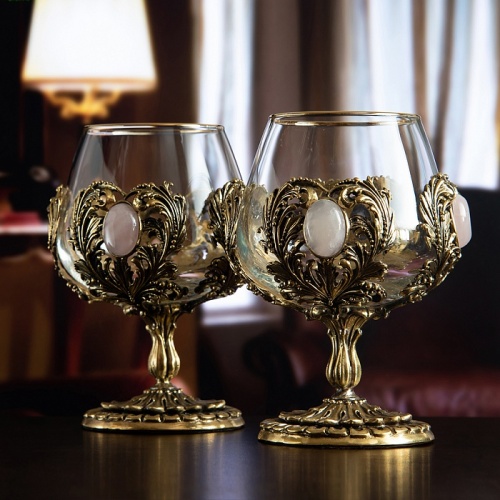 Набор 2 бокала для коньяка с камнем "Розовый кварц", в шкатулке из массива