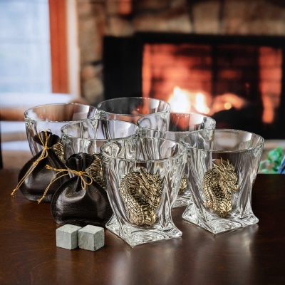 Набор 6 бокалов для виски "Квадро",накладка "Дракон 1 и 2",мешки,камни, в черной подарочной коробке