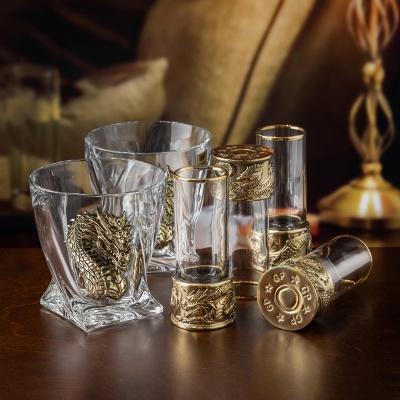 Набор 4 стопки патрон "Дракон", 2 бокала для виски "Квадро",накладка "Дракон 1 и 2",черная подарочная упаковка