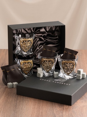 Набор 4 бокала для виски "Квадро", накл. "Георгий Победоносец",камни,мешки,черн.коробка