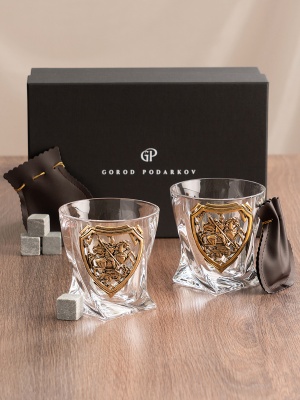 Набор 2 бокала для виски "Квадро", накл."Георгий Победоносец",камни,мешки,в черной коробке
