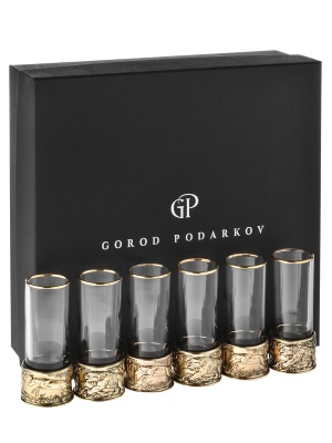 Набор из 6-ти стопок Патрон Медведь с латунным основанием в подарочной коробке