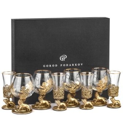 Набор 4 бокала для коньяка и 4 лафитника "Лев", в коробке из дизайнерского картона