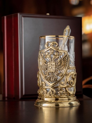 Подстаканник ручной работы "Герб" набор 3 предмета в деревянной шкатулке