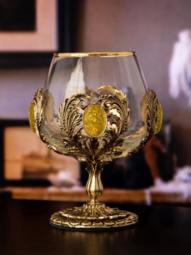 Бокал для коньяка Классик с искусственным камнем "Янтарь желтый" 420 мл в деревянной шкатулке