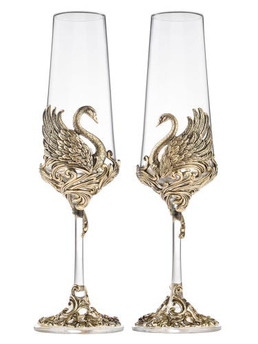 Набор 2 бокала для шампанского "Лебеди", в черной подарочной упаковке.