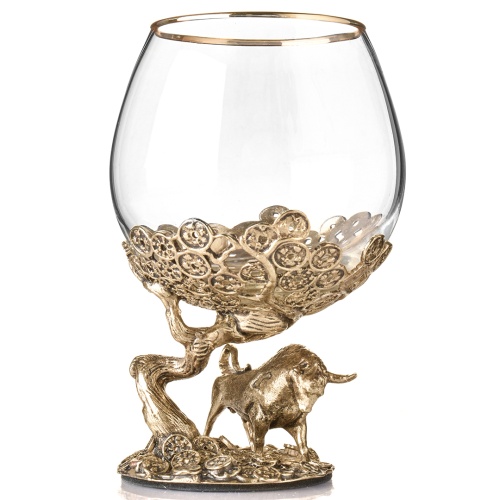 Набор 4 бокала для коньяка и 4 лафитника "Бык", в шкатулке из массива